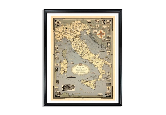 Italy Map The Vatican Vintage Pictorial Poster Print on Matte Paper