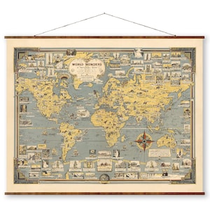 World Wonders A Pictorial Map on Canvas Ready to Hang Roll Down Canvas Decorative Antique Wall Decor Map Scroll