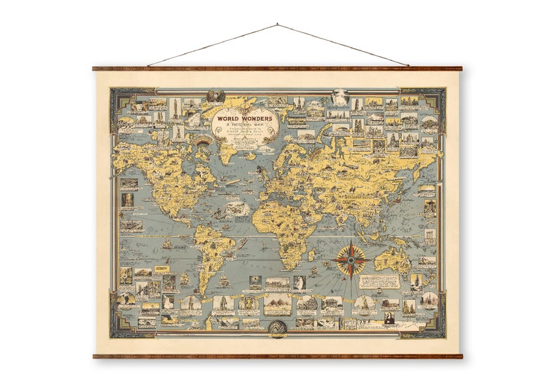 World Wonders A Pictorial Map on Canvas Ready to Hang Roll Down Canvas Decorative Antique Wall Decor Map Scroll image 1