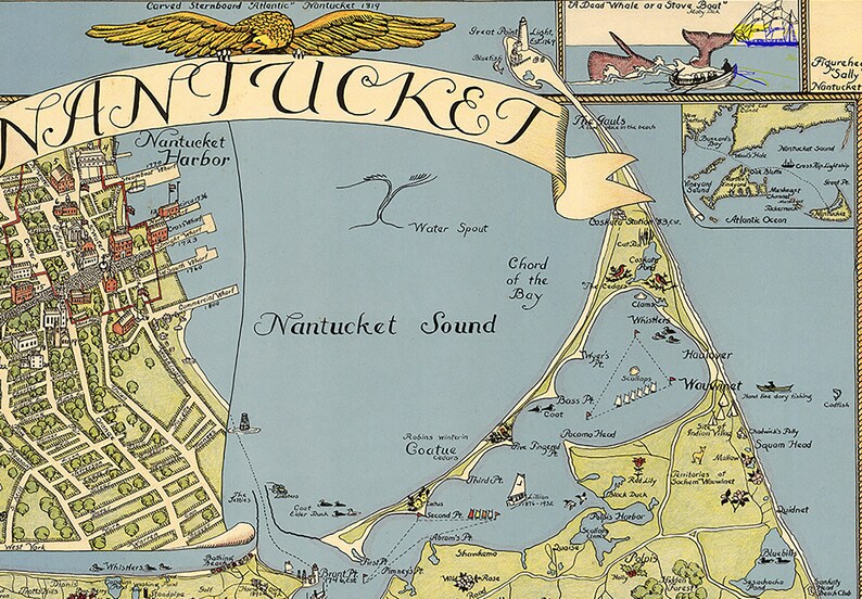 Map of Nantucket Poster Print Vintage Colored Home Wall Map - Etsy