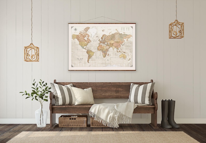 World Map Canvas: Up to Date, Vintage Style Scroll - Handmade Wall Decor image 3