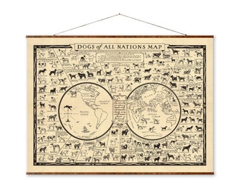 Dog of All Nations Map Ready to Hang Roll Down Canvas Decorative Antique Wall Decor Map Scroll of Dogs