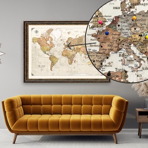 Mapa del mundo con chinchetas para viajes, actual, actualizado, despegar y pegar, impresión vintage, coloreado, más vendido