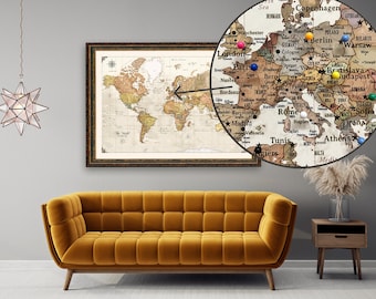 Travel Push Pin Map of the World Current Up to Date Peel and Stick PRINT Vintage Colored Bestseller