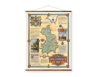 Vintage-Stadtplan von Cambridgeshire auf fertig zum Aufhängen aufrollbarer Leinwand, dekorative antike Wanddekoration, Landkartenrolle von England