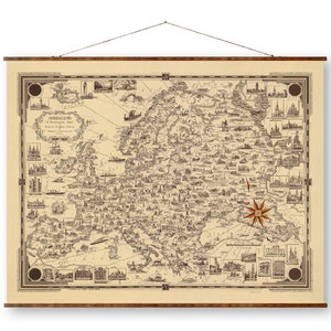 Europe Vintage City Map on Ready to Hang Roll Down Canvas Decorative Antique Wall Decor Map Scroll