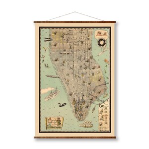 Mapa pictórico de la ciudad de Manhattan en lienzo enrollable listo para colgar, decoración de pared antigua decorativa, mapa pergamino