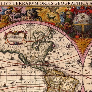 May include: A vintage world map with a pink and beige color scheme. The map shows the continents of North and South America, Europe, Africa, and Asia. The map is surrounded by a decorative border with images of mythical creatures and celestial bodies. The text "NOVA TOTIVS TERRARVM ORBIS GEOGRAPHICA AC HYDRO" is at the top of the map.
