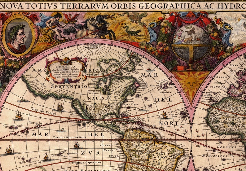 May include: A vintage world map with a pink and beige color scheme. The map shows the continents of North and South America, Europe, Africa, and Asia. The map is surrounded by a decorative border with images of mythical creatures and celestial bodies. The text "NOVA TOTIVS TERRARVM ORBIS GEOGRAPHICA AC HYDRO" is at the top of the map.