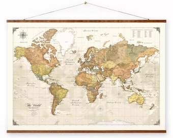 World Map Canvas: Up to Date, Vintage Style Scroll - Handmade Wall Decor
