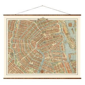Mapa vintage de la ciudad europea de Ámsterdam sobre lienzo enrollable listo para colgar, decoración de pared antigua decorativa, mapa pergamino de los Países Bajos