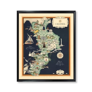 Vintage Calabria Italy Map Print: European City Wall Decor