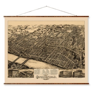 Mapa de Springfield, Massachusetts, 1875, vintage, listo para colgar, lienzo, decorativo, antiguo, pergamino, vista de pájaro, decoración de pared