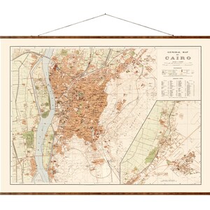 Mapa antiguo de la ciudad de El Cairo sobre lienzo enrollable, listo para colgar. Mapa antiguo decorativo de Egipto.