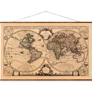 Mapa do mundo antigo vintage, rolo de parede decorativo, estilo francês do século XVIII, mapa retrátil