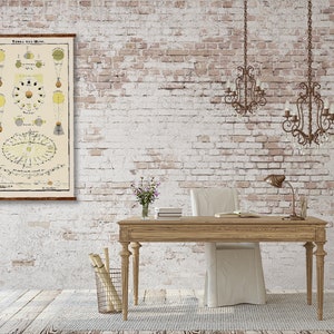 May include: A vintage-style illustration of the phases of the moon and sun, printed on a canvas and hanging on a white brick wall. A wooden desk with a white chair and a lamp sits in front of the canvas.