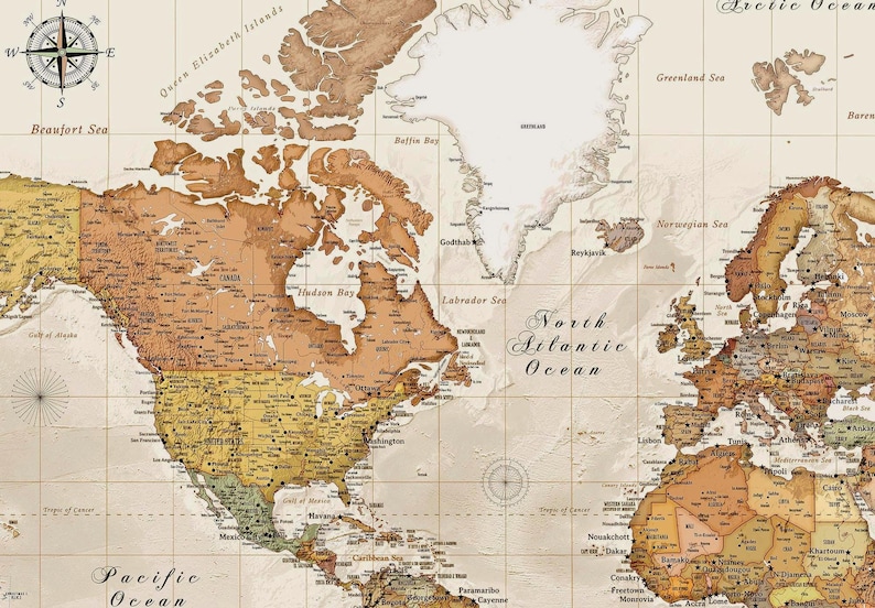 The image is a vintage-style map of North America and the Pacific Ocean, featuring detailed labels and geographical features.