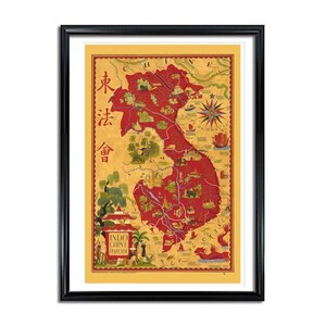French Indochina Vintage Map Poster: Vietnam, Laos, Cambodia