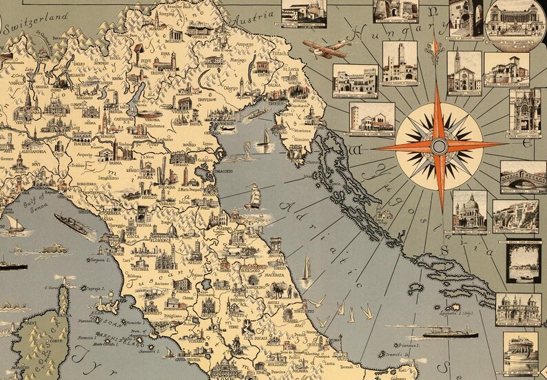 Póster ilustrado vintage del mapa de Italia y el Vaticano, impreso en papel mate. imagen 3