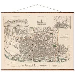 Carte vintage de la ville européenne de Liverpool sur toile prête à accrocher, rouleau décoratif, décoration murale antique, parchemin d'Angleterre