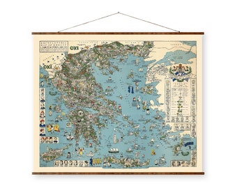 Map of Greece Vintage Pictorial Map on Ready to Hang Roll Down Canvas Decorative Antique Wall Decor Map Scroll