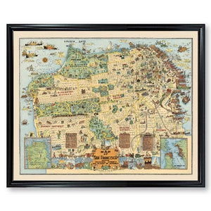 San Francisco Places of Interest Map Pictorial Poster Print Vintage Colored Home Wall Map Decor of California