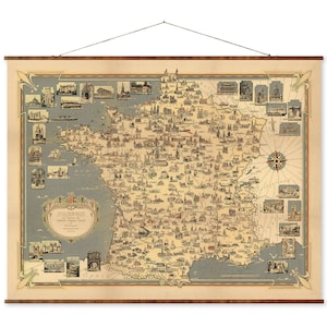 France Vintage City Map on Ready to Hang Roll Down Canvas Decorative Antique Wall Decor Map Scroll