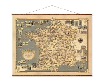 Map of France Vintage City Map on Ready to Hang Roll Down Canvas Decorative Antique Wall Decor Map Scroll