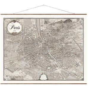 パリ 1734 白黒 パリ ヴィンテージ ヨーロッパ都市地図 すぐに掛けられるロールダウン キャンバス 装飾アンティーク地図 フランス 巻物