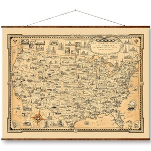 United States of America Map Country Canvas on Ready to Hang Roll Down Canvas Decorative Antique Wall Decor Map Scroll
