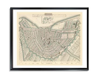 May include: A vintage map of Amsterdam, Netherlands, printed in black and white with hand-drawn details. The map shows the city's canals and streets, with the text "Amsterdam" at the top.
