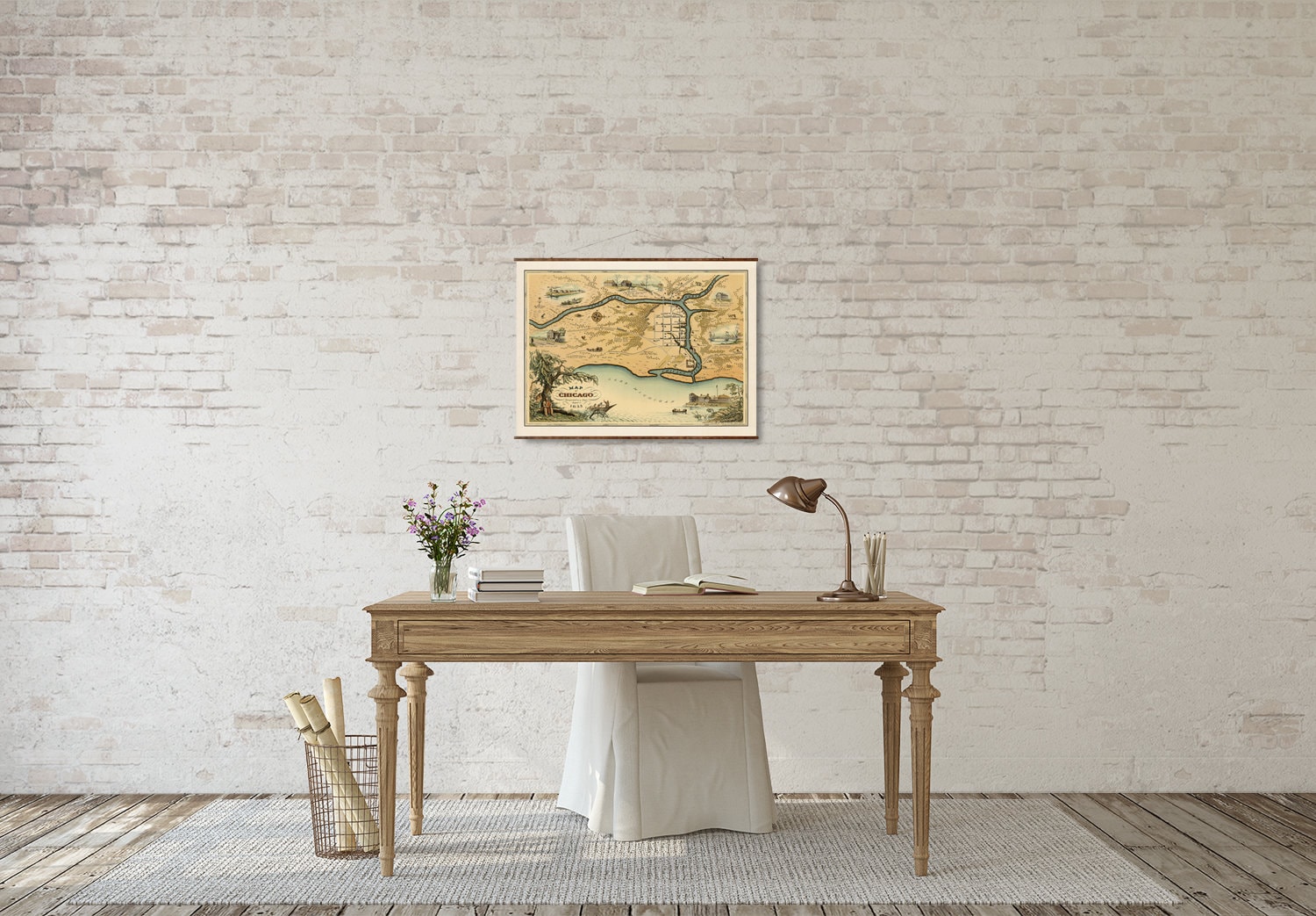 Chicago Map Canvas: 1833 Vintage Scroll Style - Historic Wall Art