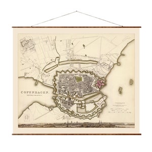 Mapa vintage de la ciudad europea de Copenhague sobre lienzo enrollable listo para colgar, decoración de pared antigua decorativa, mapa pergamino de Dinamarca