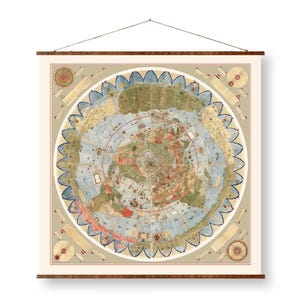 May include: A vintage-style world map print, featuring a circular design with detailed illustrations of continents and oceans. The map is in shades of beige, blue, and green, with decorative elements around the edges. It is mounted on wooden bars and suspended by a string.