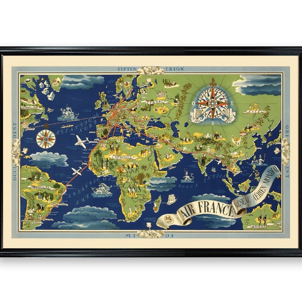 Air France Map Poster Print Vintage Wall Decor Antique European City Map