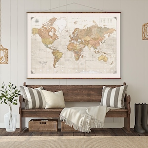 World Map Canvas: Up to Date, Vintage Style Scroll - Handmade Wall Decor image 2