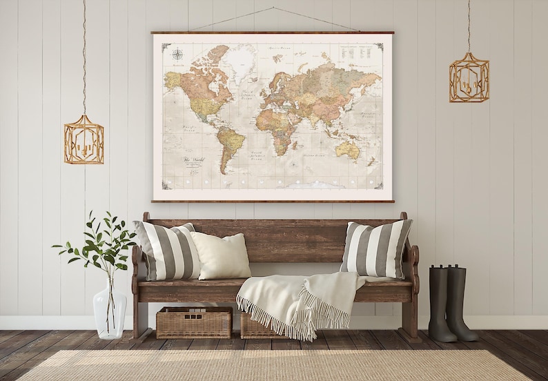 World Map Canvas: Up to Date, Vintage Style Scroll - Handmade Wall Decor image 2