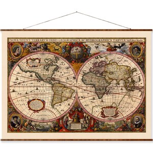 May include: A vintage world map print with a detailed illustration of the continents and oceans. The map is surrounded by a decorative border with images of people and animals. The text "NOVA TOTIVS TERRARVM ORBIS GEOGRAPHICA AC HYDROGRAPHICA TABVLA" is at the top of the map.