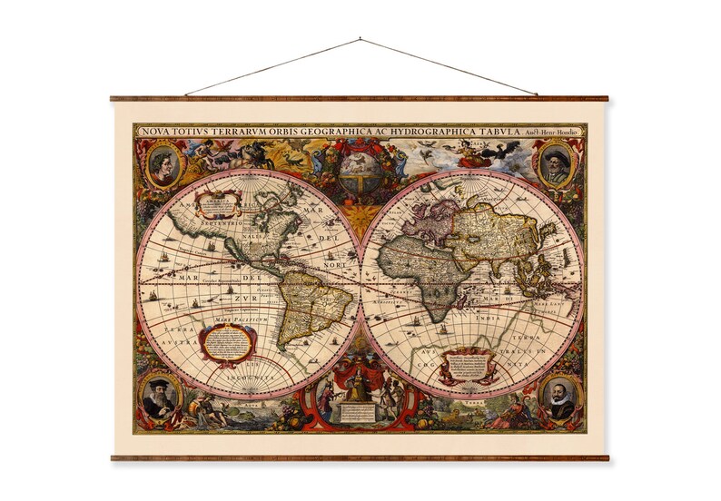May include: A vintage world map print with a detailed illustration of the continents and oceans. The map is surrounded by a decorative border with images of people and animals. The text "NOVA TOTIVS TERRARVM ORBIS GEOGRAPHICA AC HYDROGRAPHICA TABVLA" is at the top of the map.
