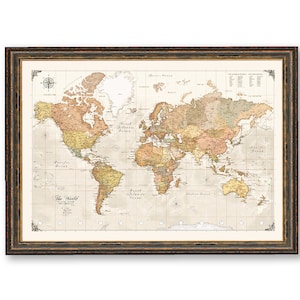 World Map Current Up to Date Poster Print Decorative Map of the World Vintage Colored Push Pin Bestseller