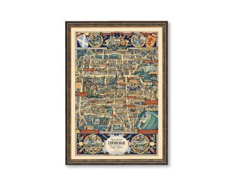 Pictorial Map of Edinburgh Vintage City Map Poster Print on Matte Paper Decorative Antique Wall Decor Scotland Map