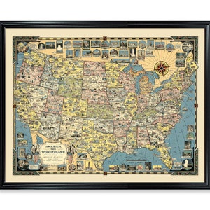 America the Wonderland Color Map Poster Print Vintage Home Wall Decor
