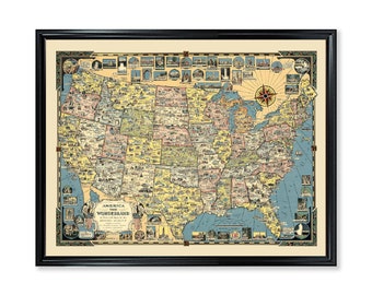 America the Wonderland Color Map Poster Print Vintage Home Wall Decor