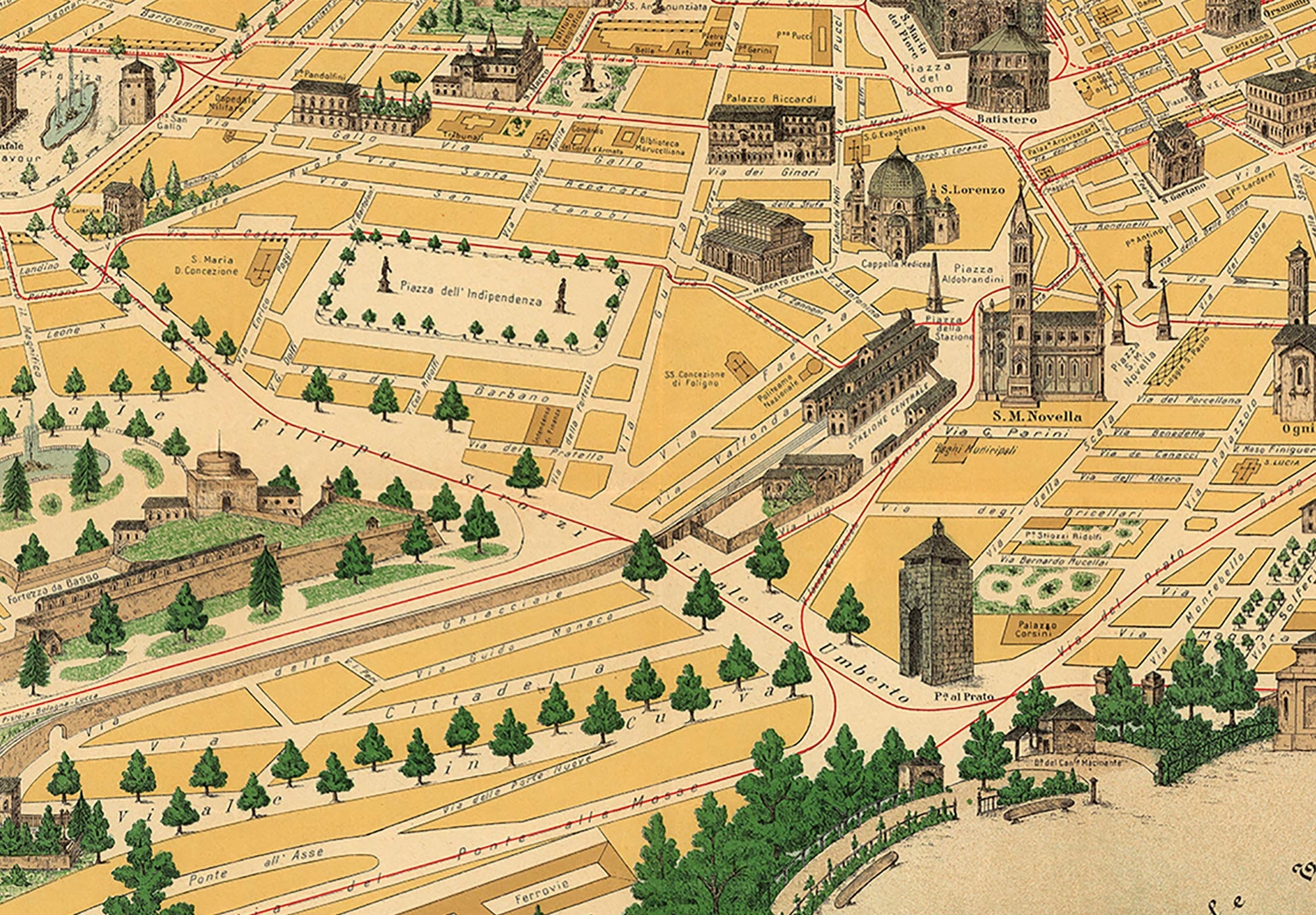 Reproduction Carte Historique De Florence Italie 1870 Par Castro - 28,61 X 23 Cm, Art Mural Vintage