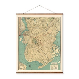 Brooklyn Vertical Map Ready to Hang Roll Down Canvas Decorative Wall Decor Vintage Map Scroll of New York 1924
