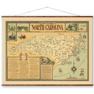 Mapa del estado de Carolina del Norte, 1953, lienzo decorativo, mapa de desplazamiento, mapa pictórico vintage a color, decoración del hogar