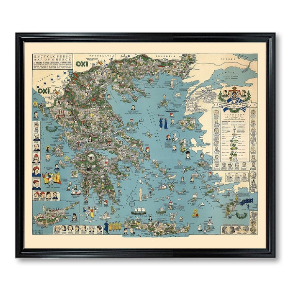 Greece Pictorial Map Poster Print Vintage Wall Decor Greek Islands Antique Map