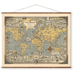 1931 World Wonders Map: Vintage Pictorial Canvas Wall Scroll