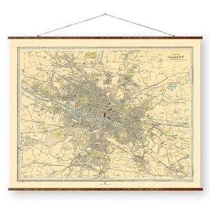 Glasgow Vintage City Map on Ready to Hang Roll Down Canvas Decorative Antique Wall Decor Map Scroll of Scotland