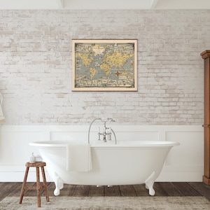 World Wonders A Pictorial Map on Canvas Ready to Hang Roll Down Canvas Decorative Antique Wall Decor Map Scroll 22x28 inches